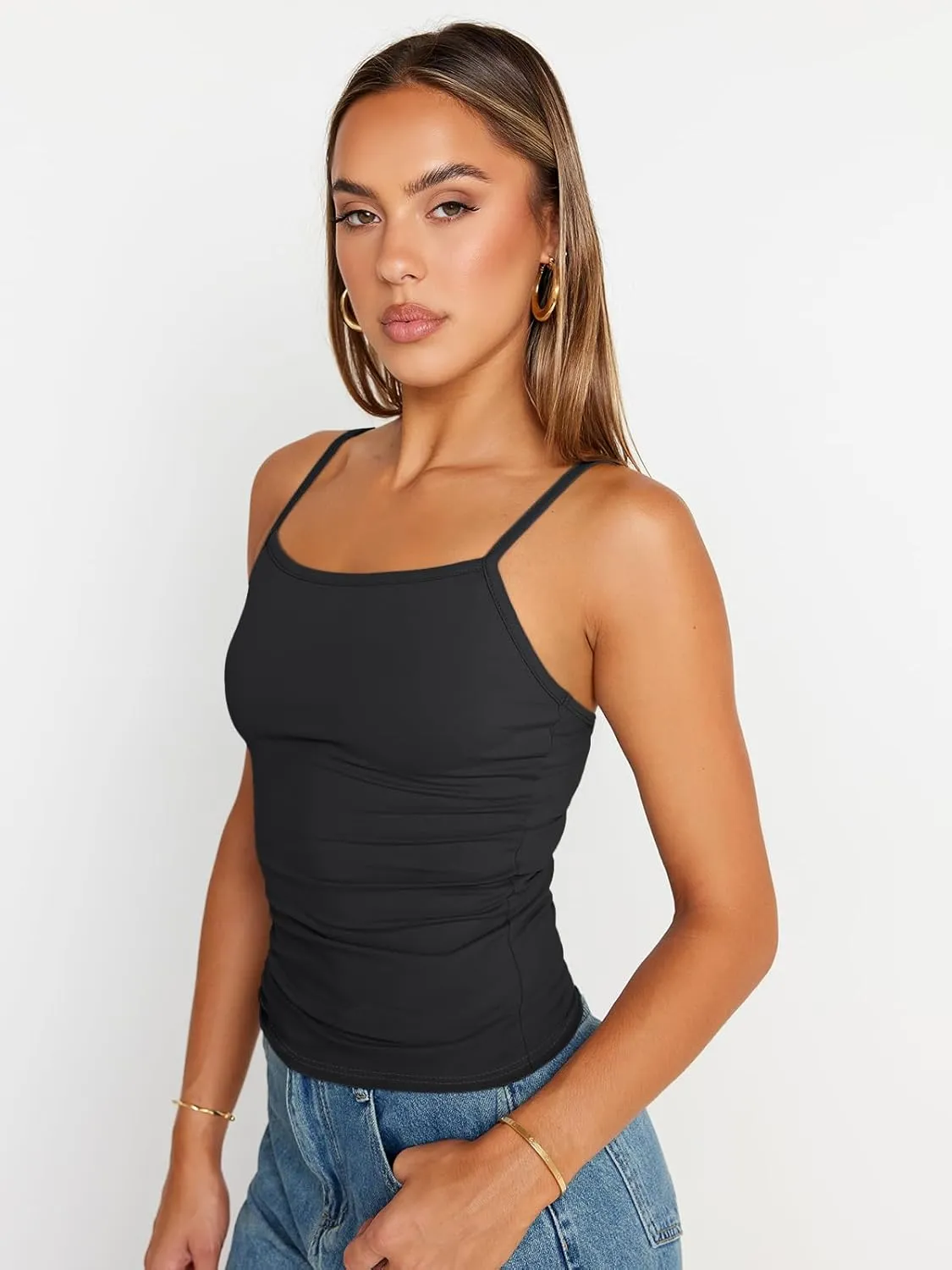 Trendy Queen Womens Adjustable Camisole Sleeveless Square Neck Spaghetti Strap Tank Tops Basic Shirt