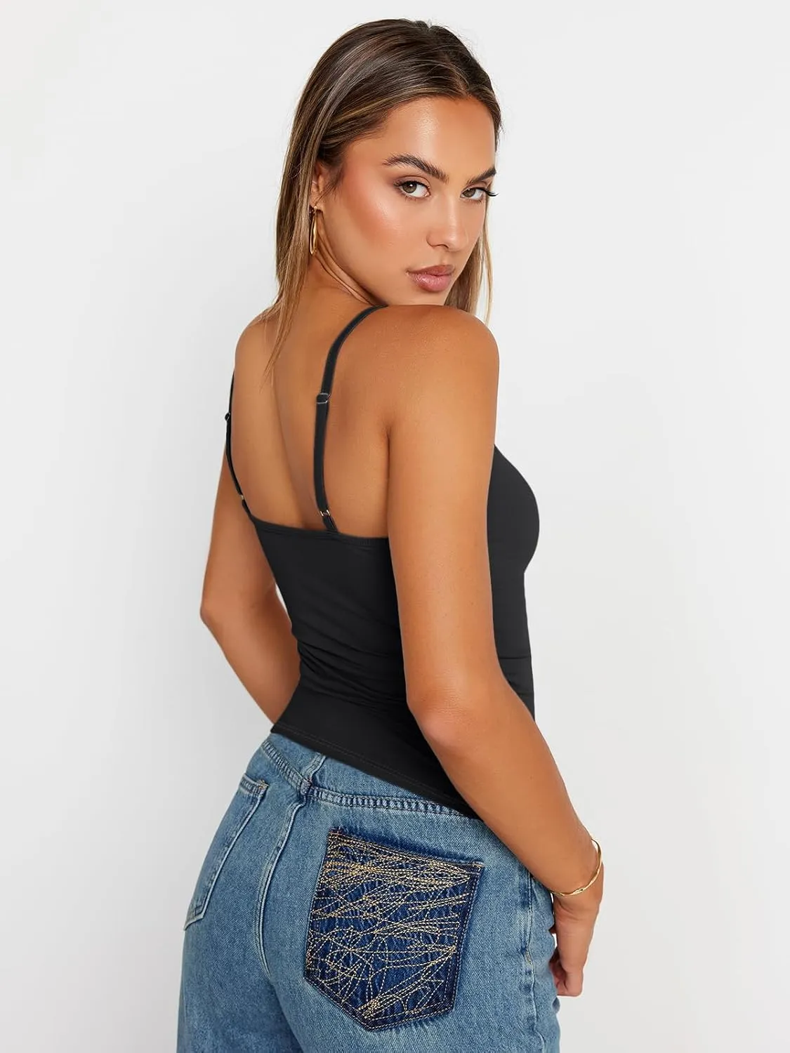 Trendy Queen Womens Adjustable Camisole Sleeveless Square Neck Spaghetti Strap Tank Tops Basic Shirt