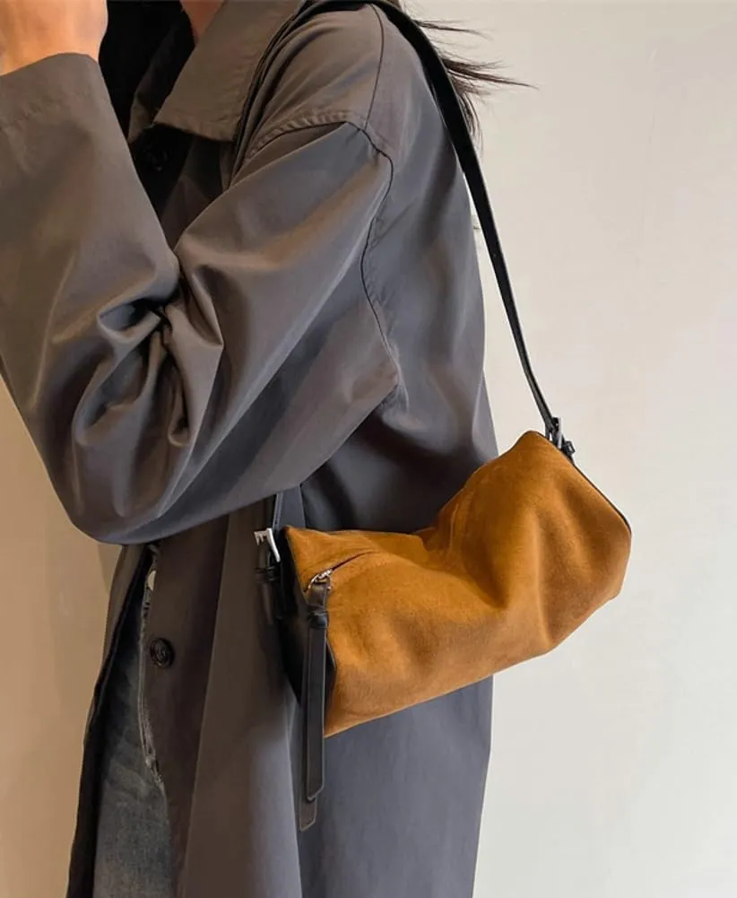 Trendy Suede Shoulder Purse for Woemn Small Cylinder Tote Crossbody Bag Soft Vegan Leather Handbag Pillow Satchel