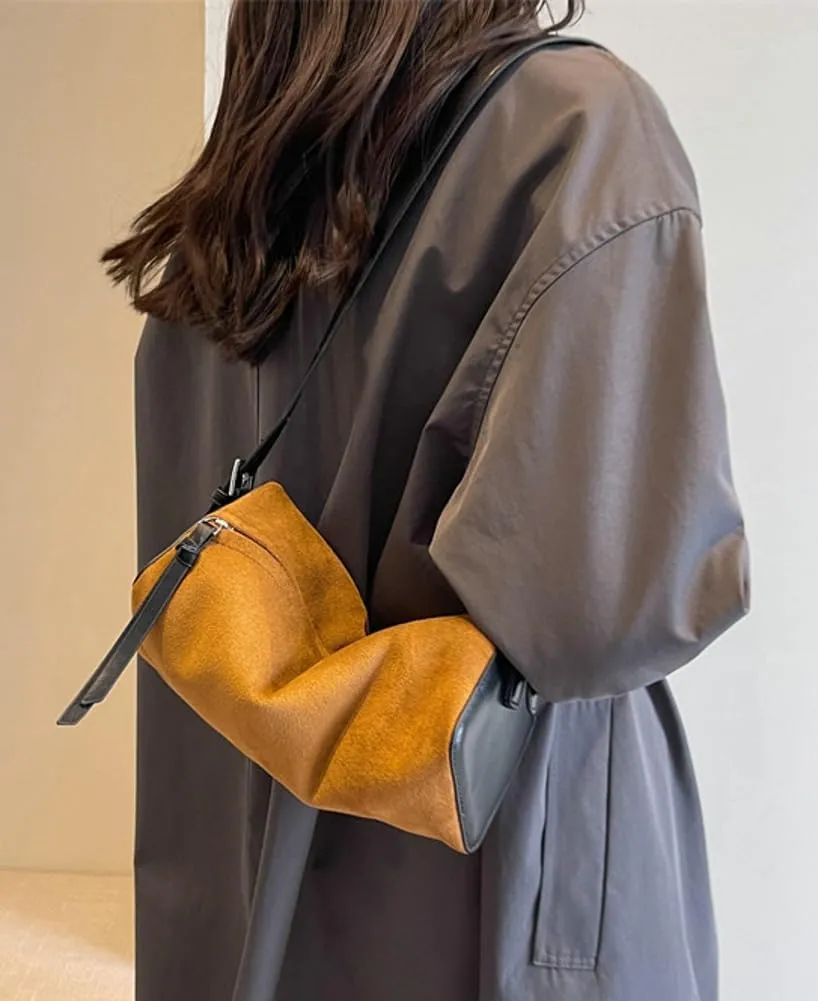 Trendy Suede Shoulder Purse for Woemn Small Cylinder Tote Crossbody Bag Soft Vegan Leather Handbag Pillow Satchel
