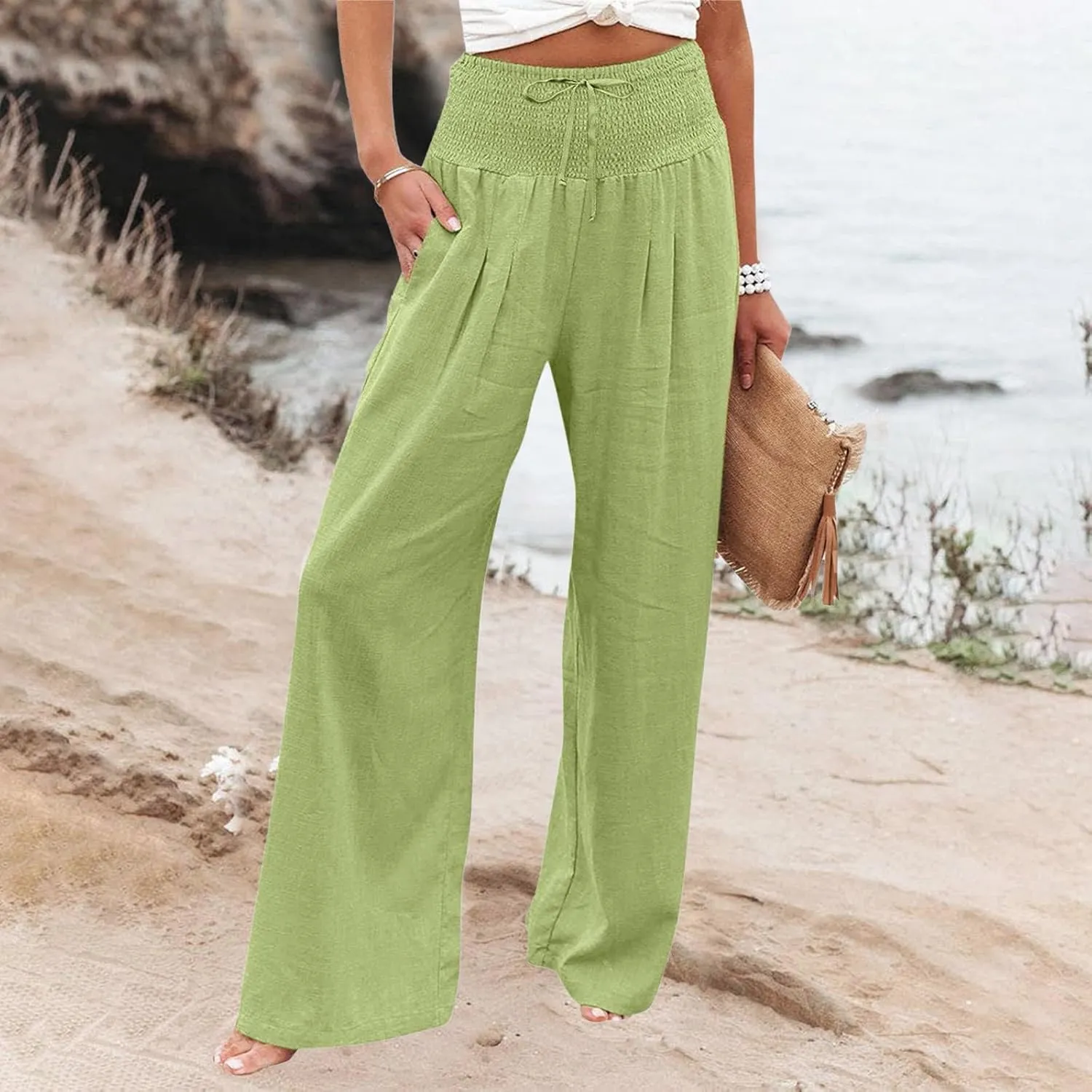 Tummy Control Women High Waisted Lounge Pants Casual Wide Leg Boho Trouser Summer Drawstring Sweatpants with Pocket