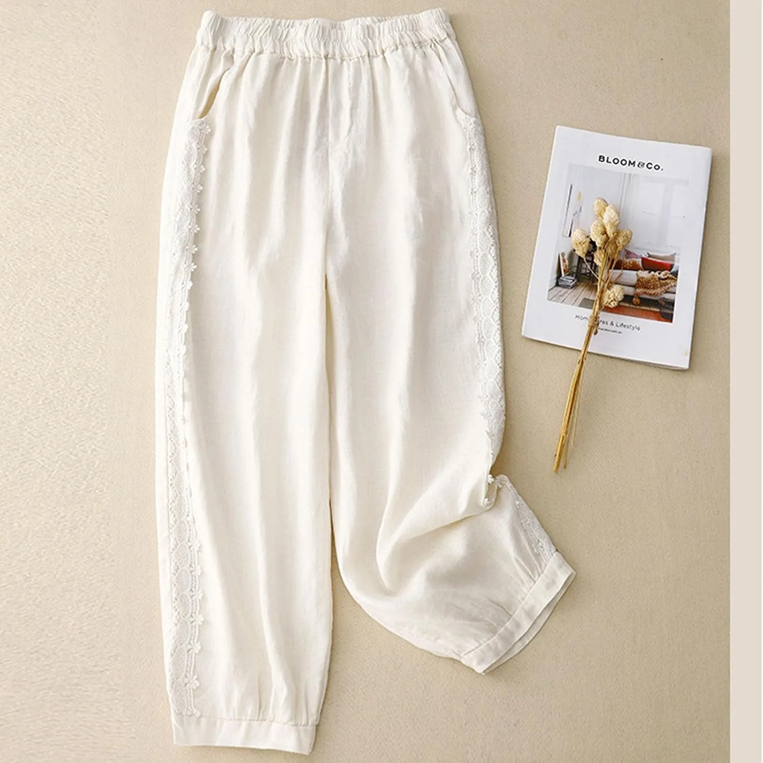 TUNUSKAT Womens Linen Wide Leg Capris Summer Lounge Beach Cotton Capri Pants High Waist Flowy Crop Trousers Vacation Outfits