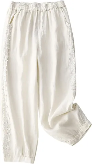 TUNUSKAT Womens Linen Wide Leg Capris Summer Lounge Beach Cotton Capri Pants High Waist Flowy Crop Trousers Vacation Outfits