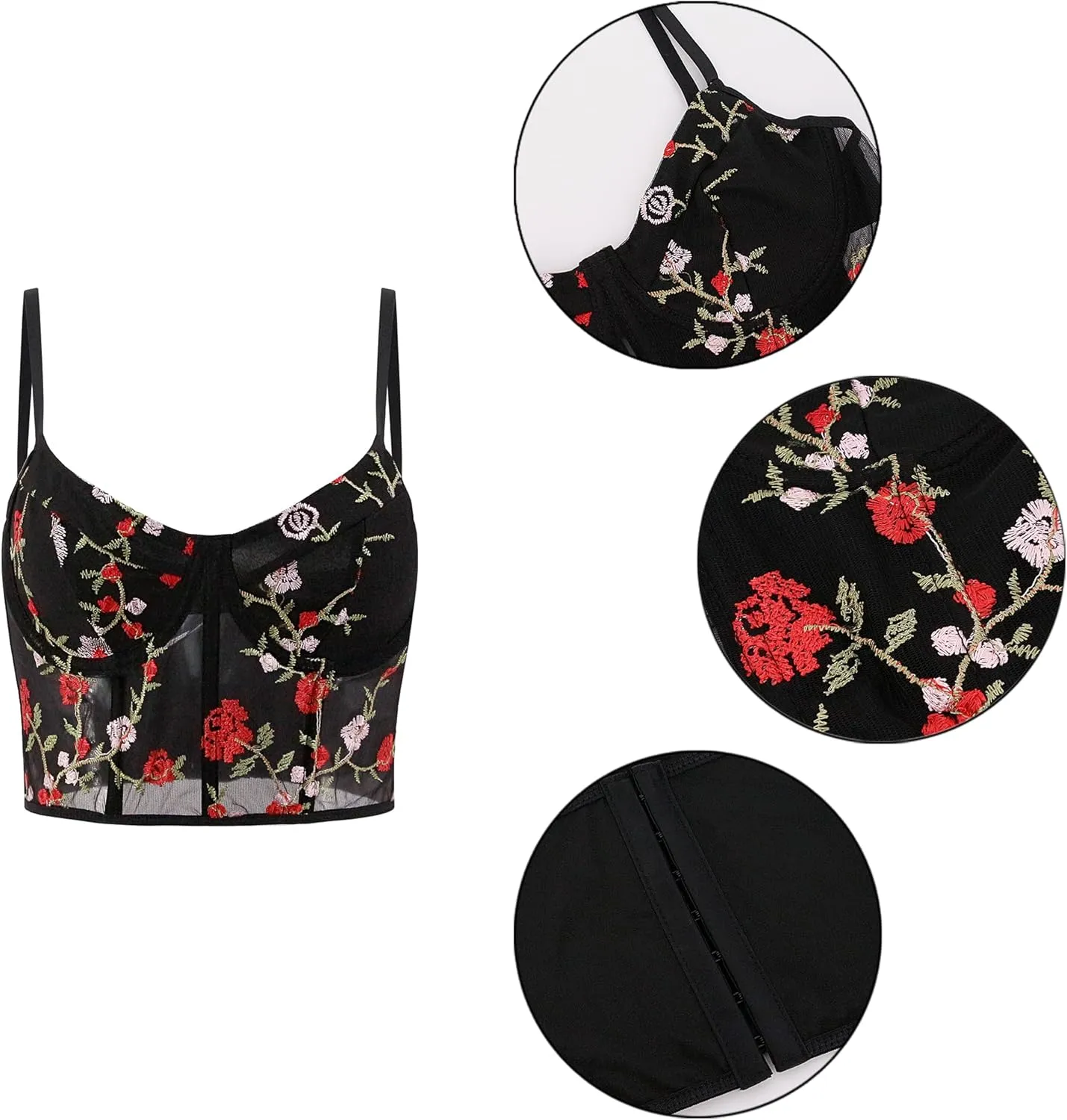 TYNORA Women's Mesh Floral Embroidery Spaghetti Strap Cami Crop Tops Lace Trim Bralette Cami Bustier Top Nightclub