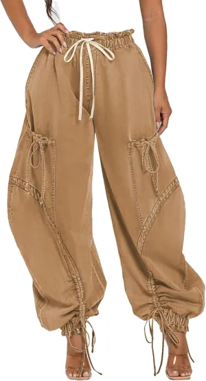 Unybwonn Women Baggy Barrel Jeans High Waisted Y2k Drawstring Bow Tie Cargo Jean Retro Wide Leg Ankle Denim Joggers
