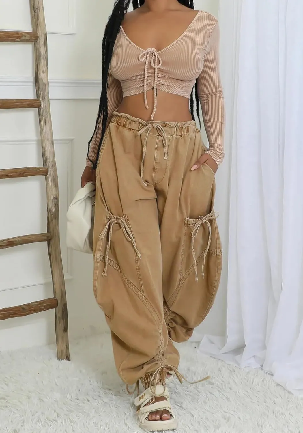 Unybwonn Women Baggy Barrel Jeans High Waisted Y2k Drawstring Bow Tie Cargo Jean Retro Wide Leg Ankle Denim Joggers