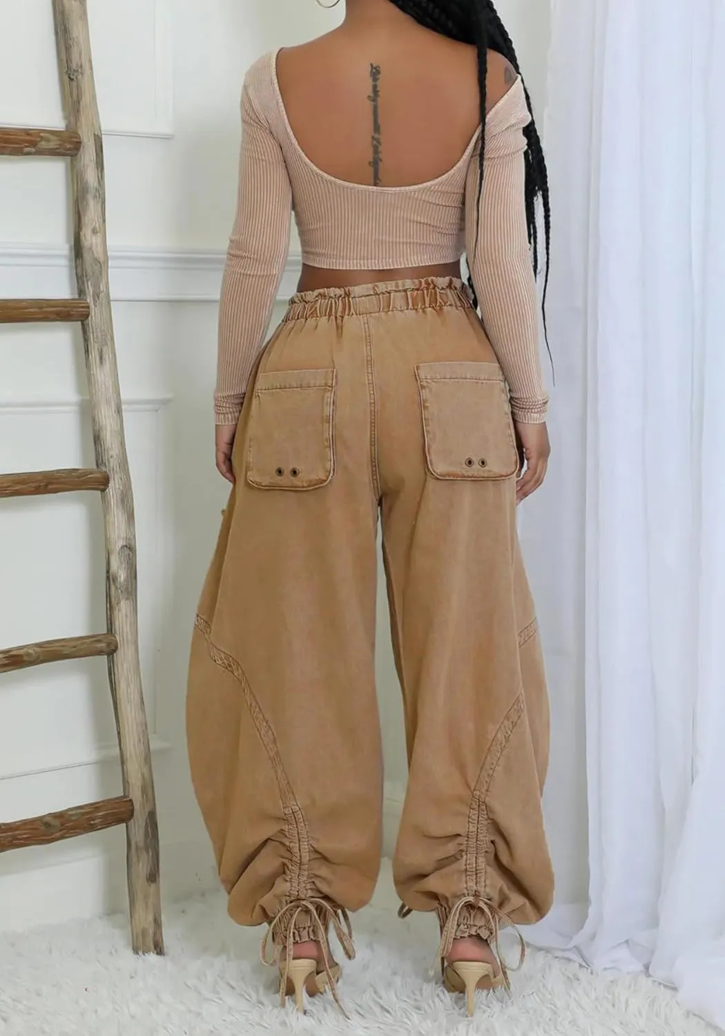 Unybwonn Women Baggy Barrel Jeans High Waisted Y2k Drawstring Bow Tie Cargo Jean Retro Wide Leg Ankle Denim Joggers
