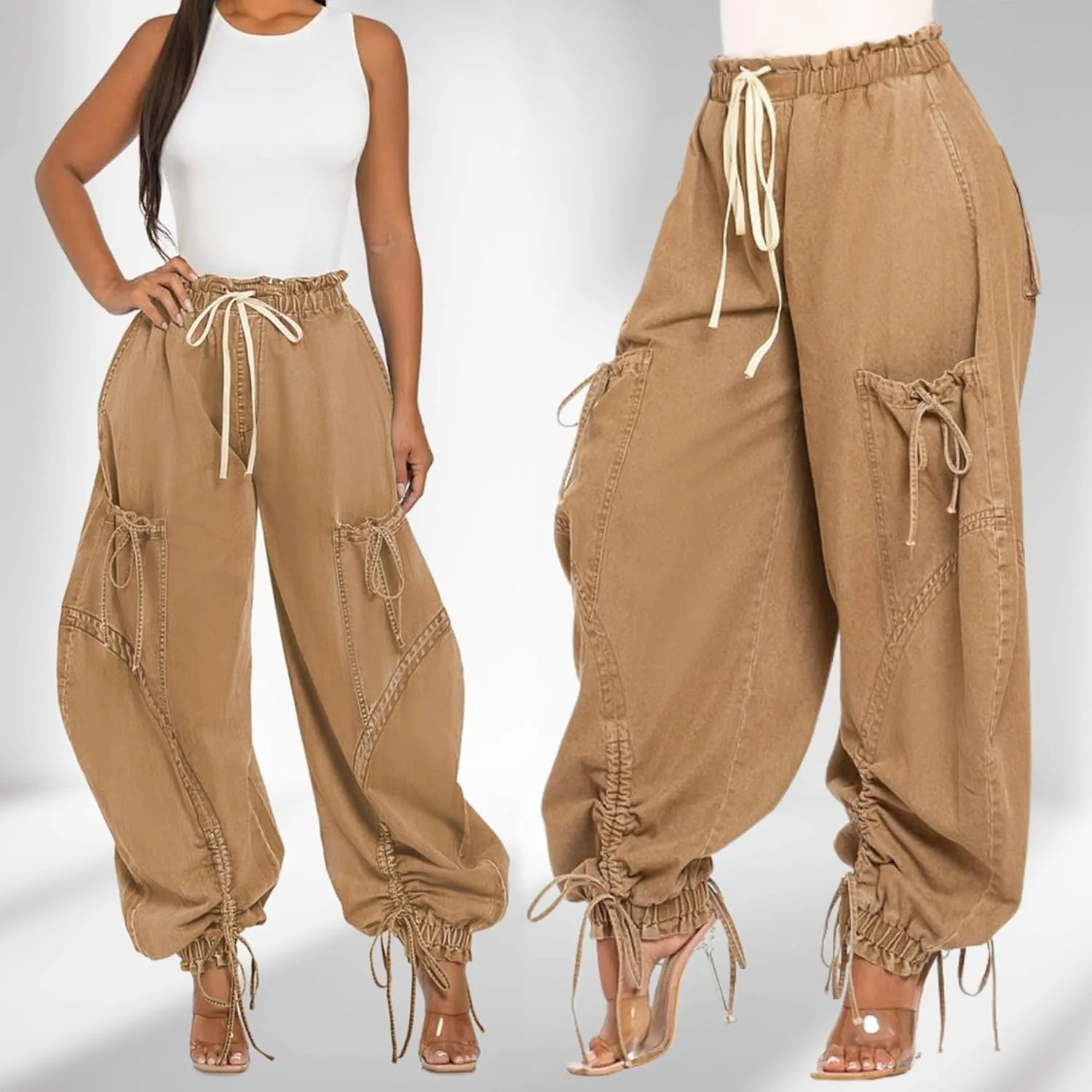 Unybwonn Women Baggy Barrel Jeans High Waisted Y2k Drawstring Bow Tie Cargo Jean Retro Wide Leg Ankle Denim Joggers