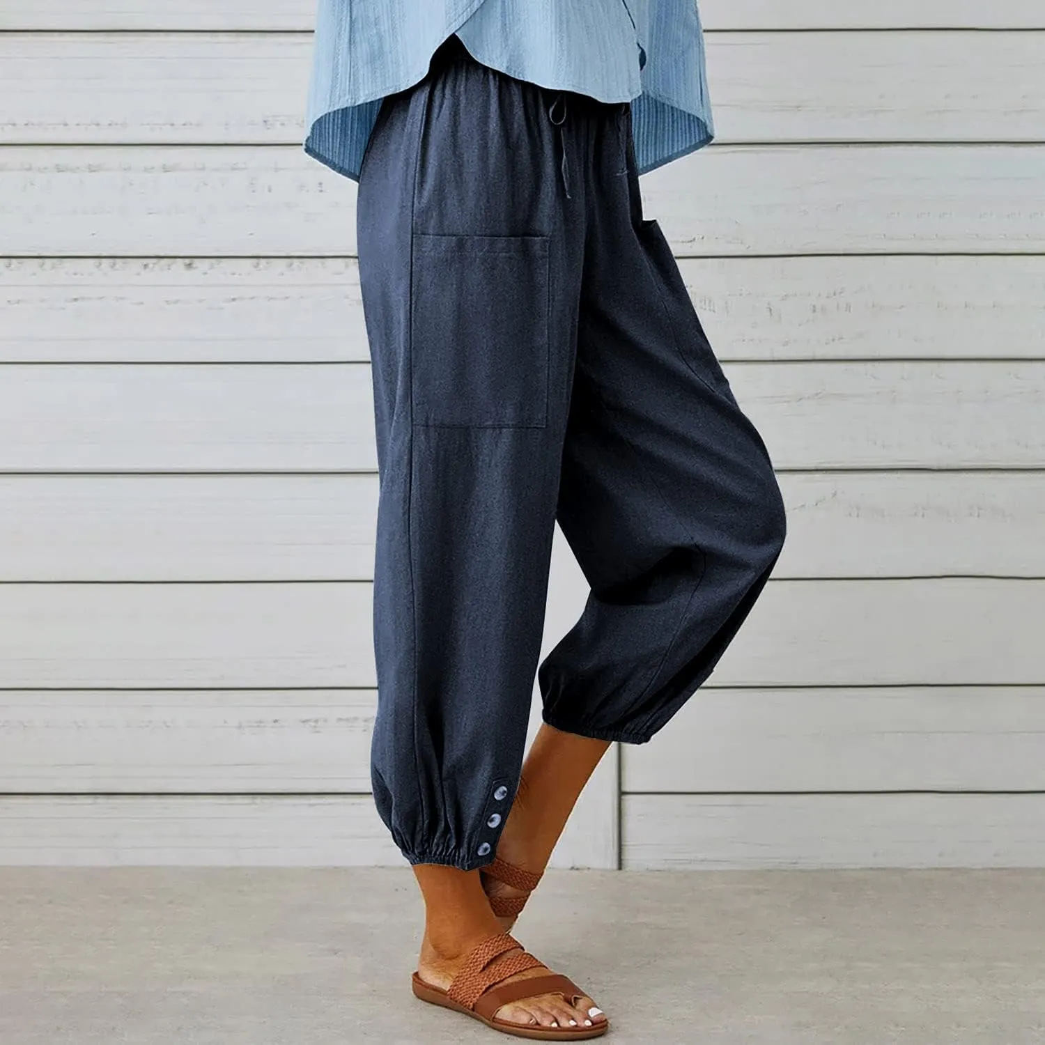 utcoco Women's Cotton Linen Harem Pants High Waist Drawstring Trousers Casual Loose Button Cropped Pants