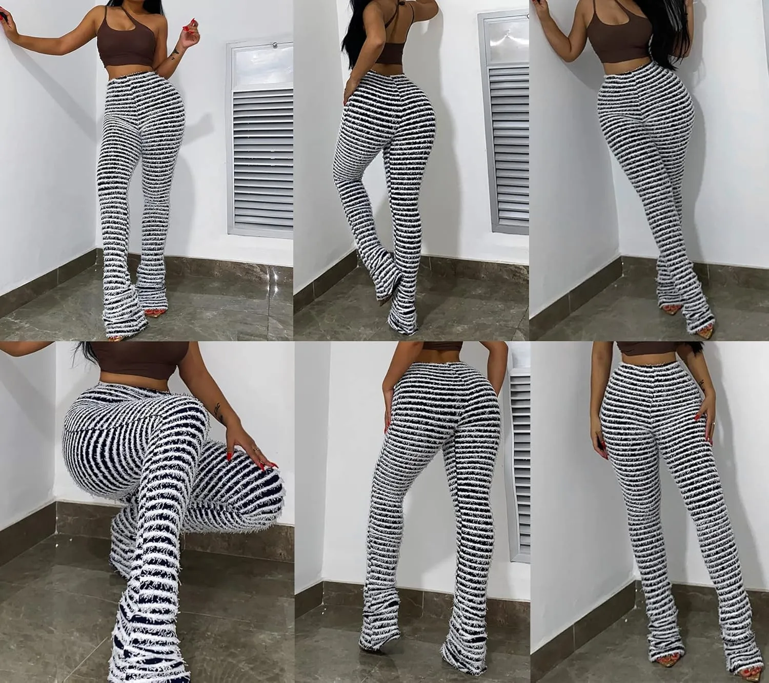 Vakkest Women's Striped Knitted Stacked Leggings Pants Hip Lifting Casual Streetwear Trousers Y2K Fluffy Jogger Sweatpants