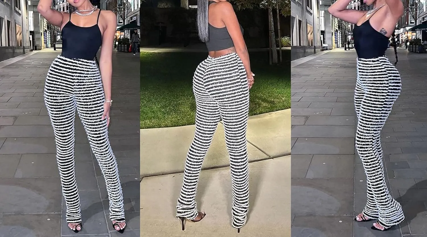 Vakkest Women's Striped Knitted Stacked Leggings Pants Hip Lifting Casual Streetwear Trousers Y2K Fluffy Jogger Sweatpants