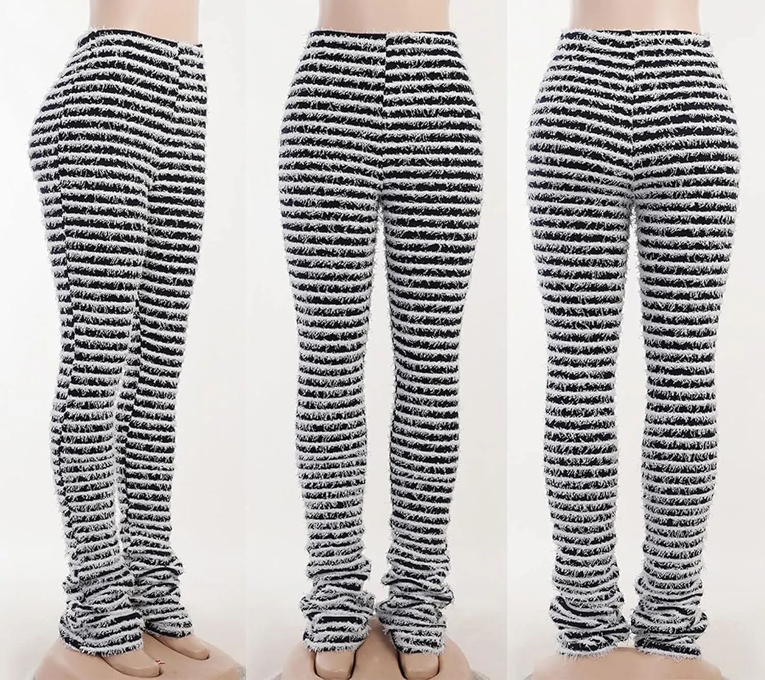Vakkest Women's Striped Knitted Stacked Leggings Pants Hip Lifting Casual Streetwear Trousers Y2K Fluffy Jogger Sweatpants