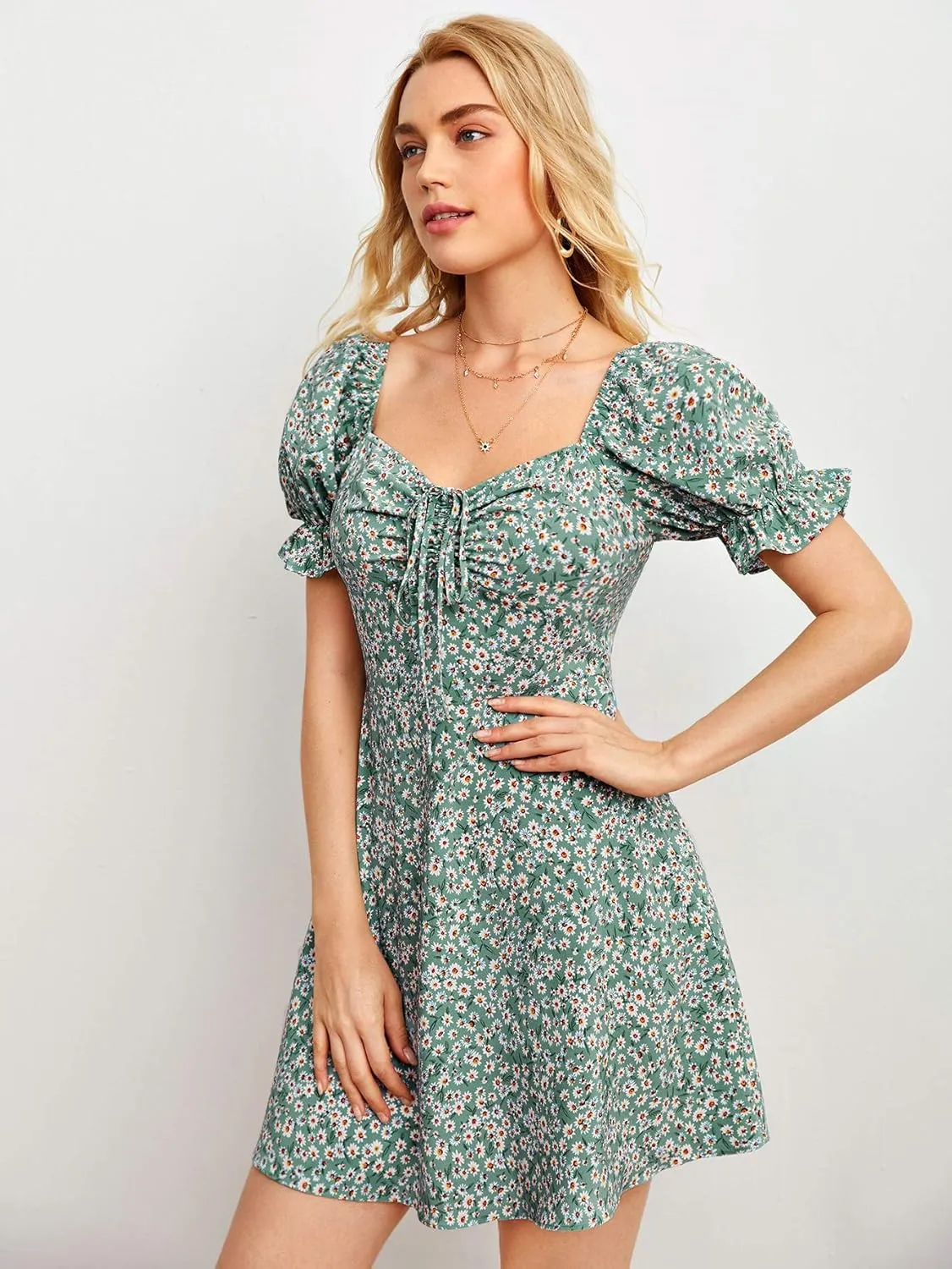Verdusa Women's Milkmaid Dresses Floral Puff Short Sleeve Ruched A Line V Neck Ruffle Mini Short Dress