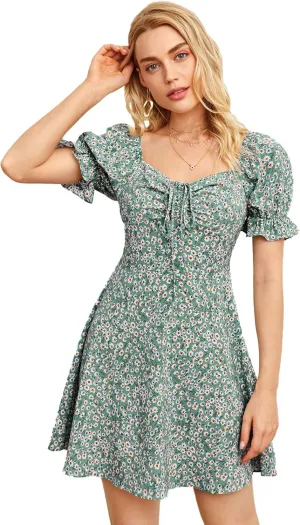 Verdusa Women's Milkmaid Dresses Floral Puff Short Sleeve Ruched A Line V Neck Ruffle Mini Short Dress