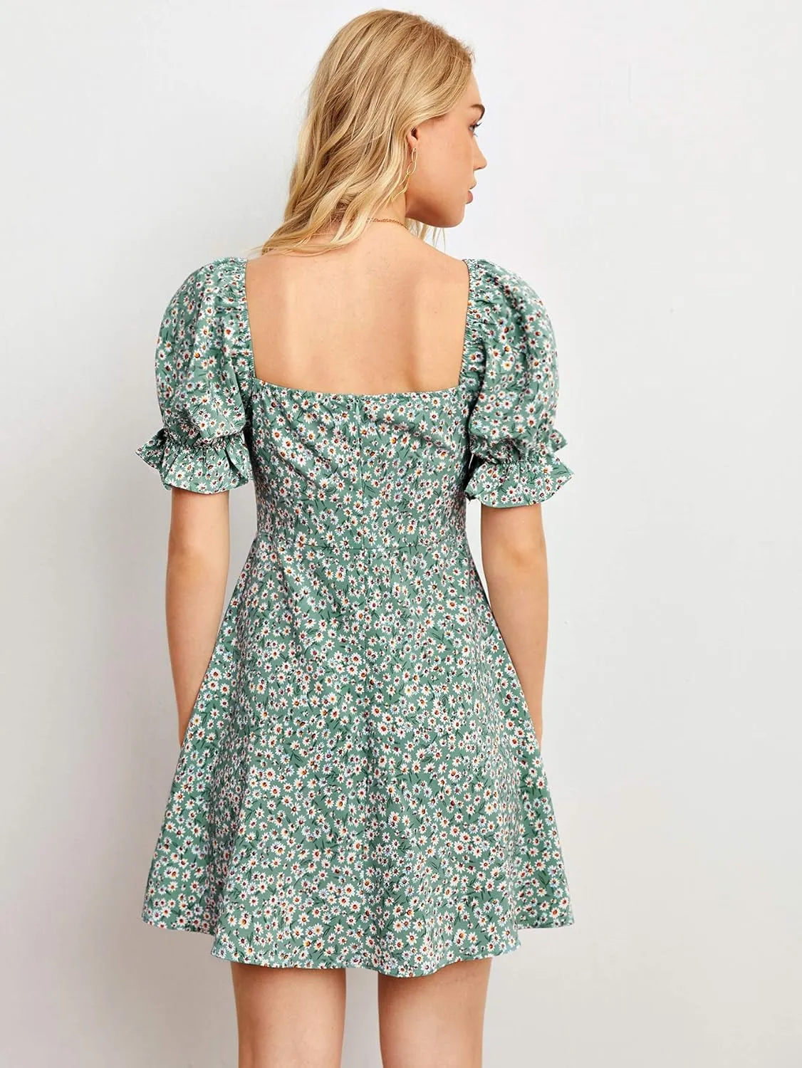 Verdusa Women's Milkmaid Dresses Floral Puff Short Sleeve Ruched A Line V Neck Ruffle Mini Short Dress