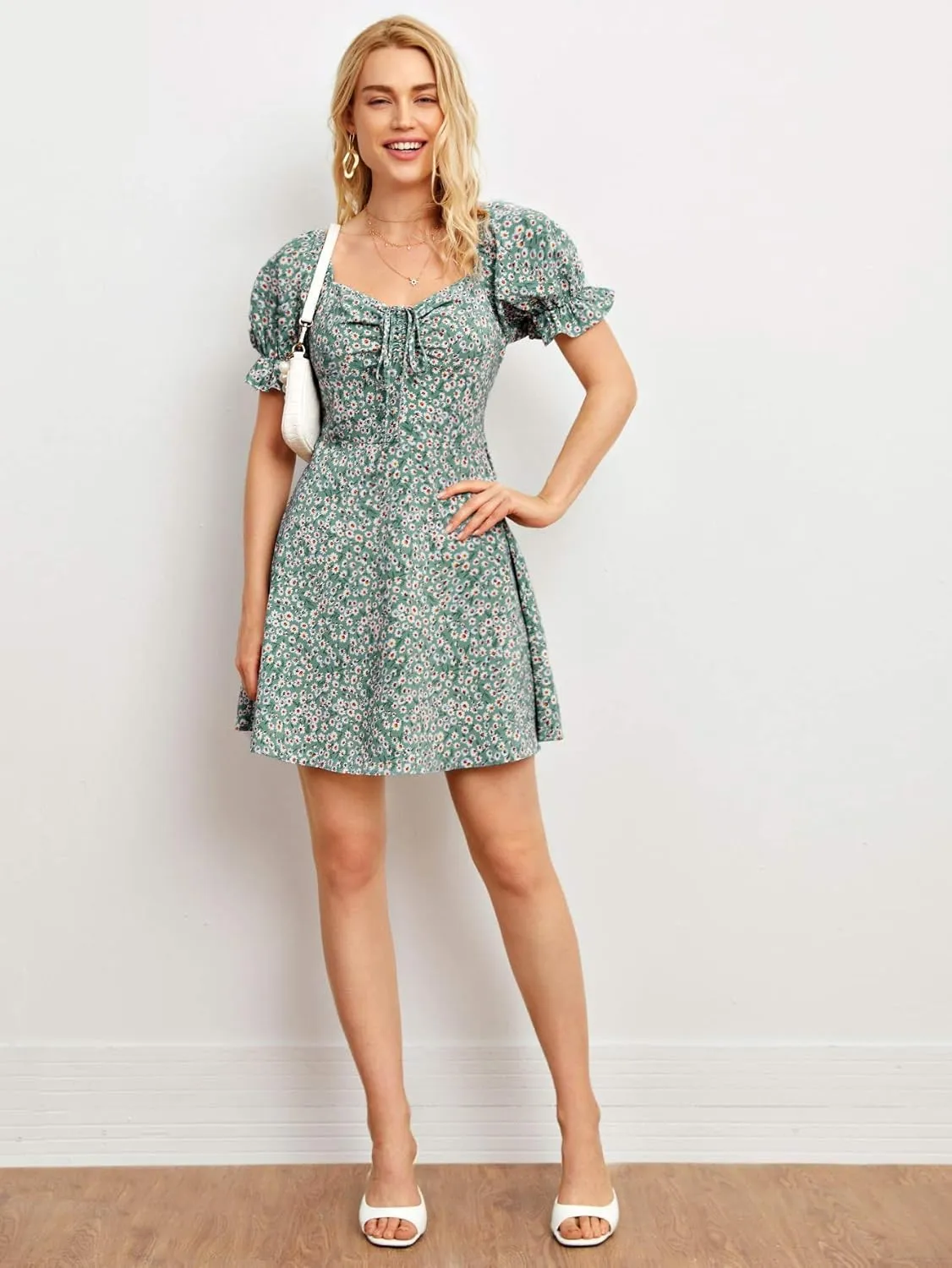 Verdusa Women's Milkmaid Dresses Floral Puff Short Sleeve Ruched A Line V Neck Ruffle Mini Short Dress