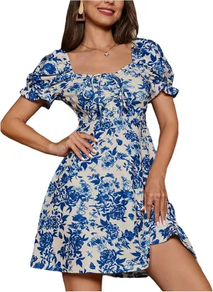 Verdusa Women's Milkmaid Dresses Floral Puff Short Sleeve Ruched A Line V Neck Ruffle Mini Short Dress