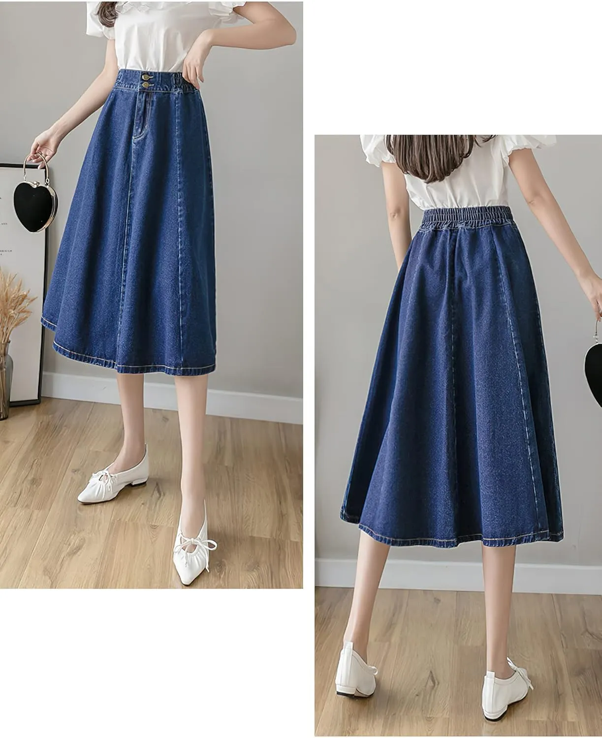 Viatabuna Women's Midi Length Blue Jean Skirts Elastic High Waist Loose Fit A Line Pleated Long Denim Skirt for Teen Girls