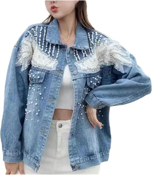 Vintage Women's Lightweight Denim Motorcycle Jacket with Lace Trim for Casual Outwear