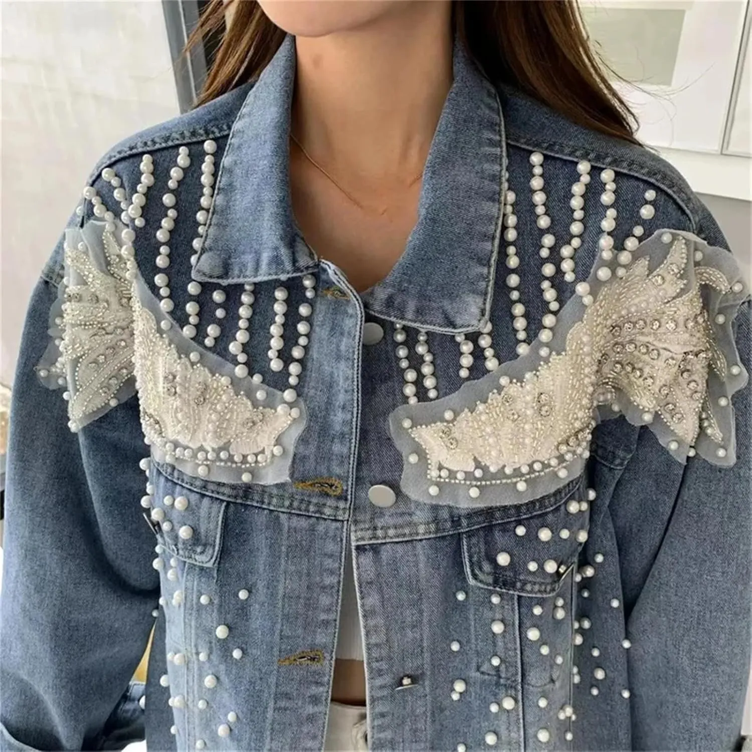 Vintage Women's Lightweight Denim Motorcycle Jacket with Lace Trim for Casual Outwear