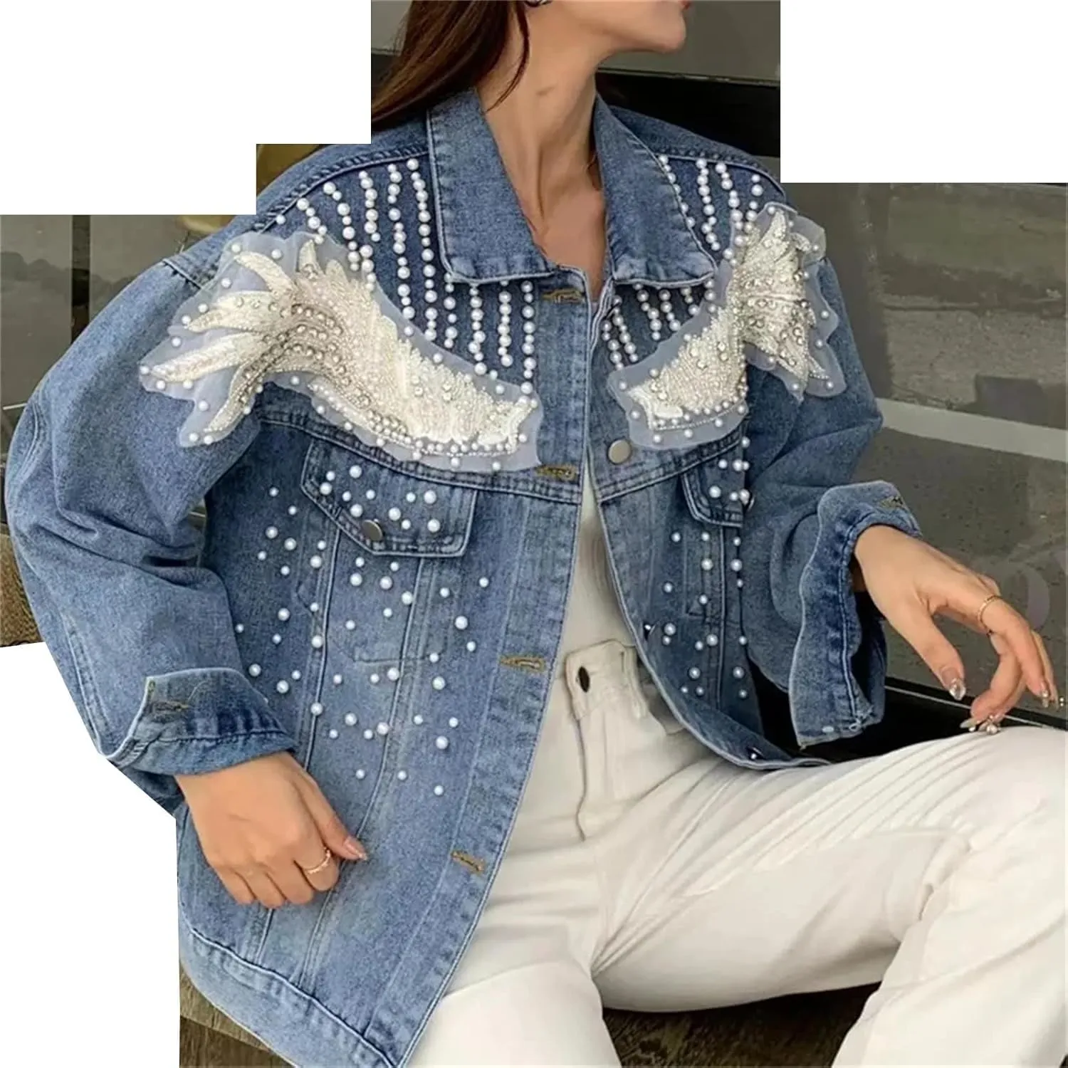 Vintage Women's Lightweight Denim Motorcycle Jacket with Lace Trim for Casual Outwear
