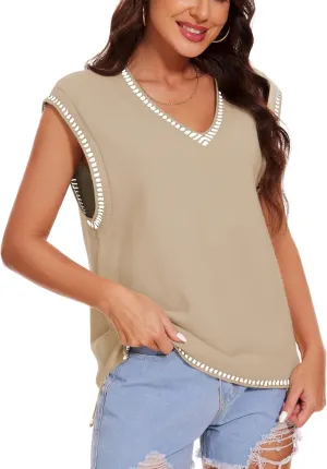 Wanzetaly 2024 Womens Casual V Neck Sweater Vest Sleeveless Knitted Tank Tops Pullover Vest