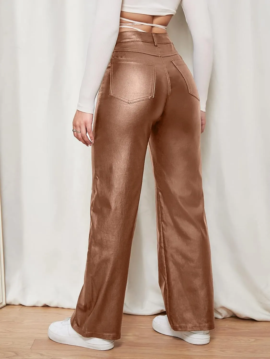 WDIRARA Women's Slant Pocket Straight Leg High Stretch Jeans Leather Look Long Pants