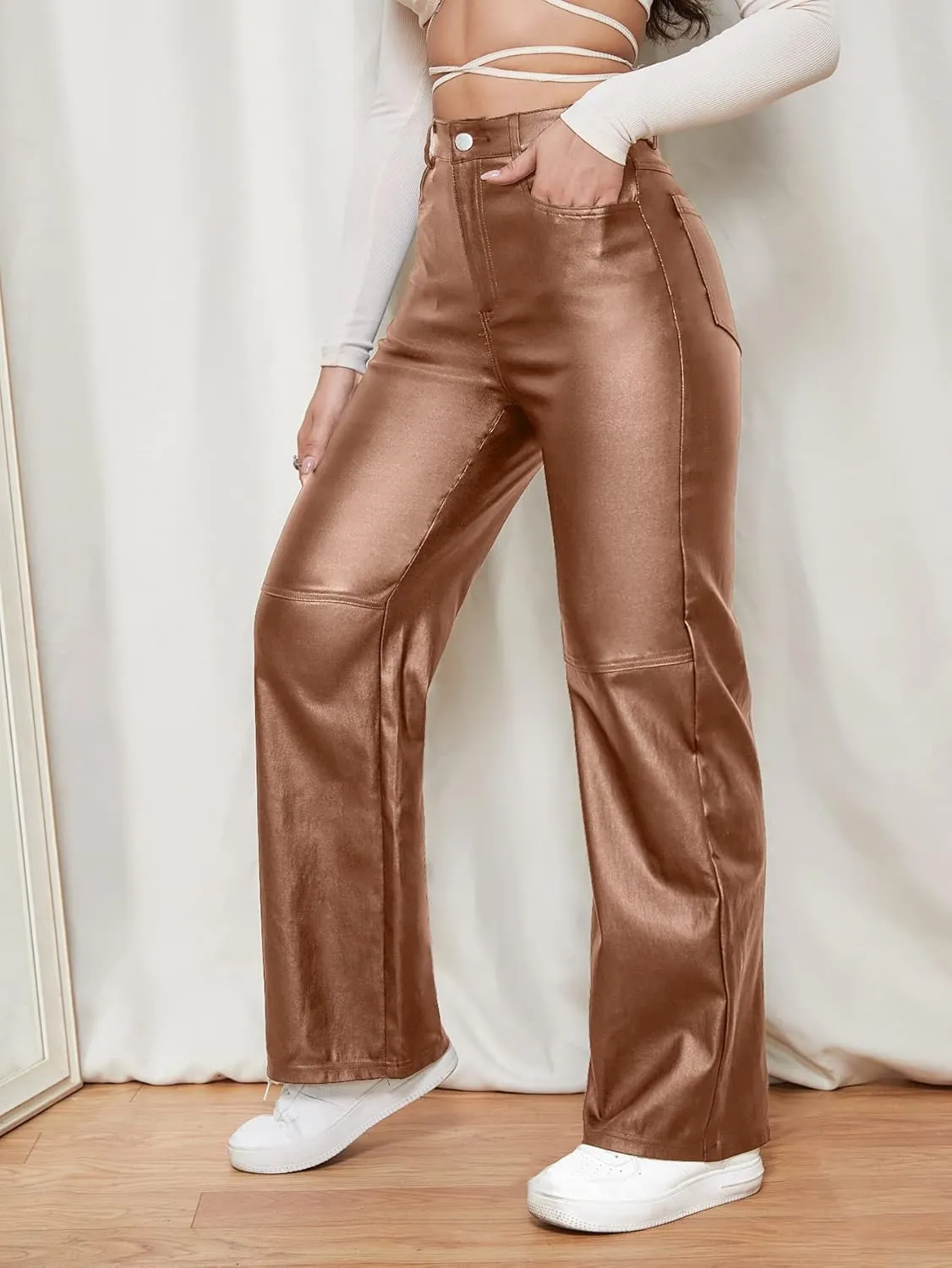 WDIRARA Women's Slant Pocket Straight Leg High Stretch Jeans Leather Look Long Pants