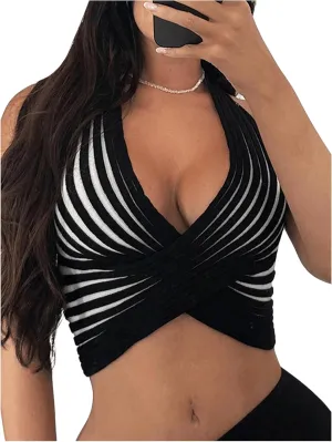 WDIRARA Women's Striped Halter Top Backless Cami Crop Tops Crossover V Neck Knit Camisole