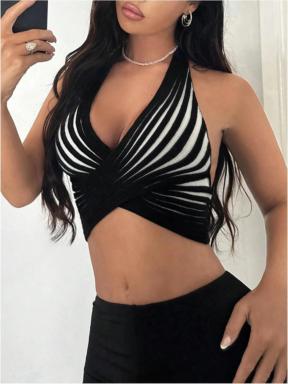 WDIRARA Women's Striped Halter Top Backless Cami Crop Tops Crossover V Neck Knit Camisole