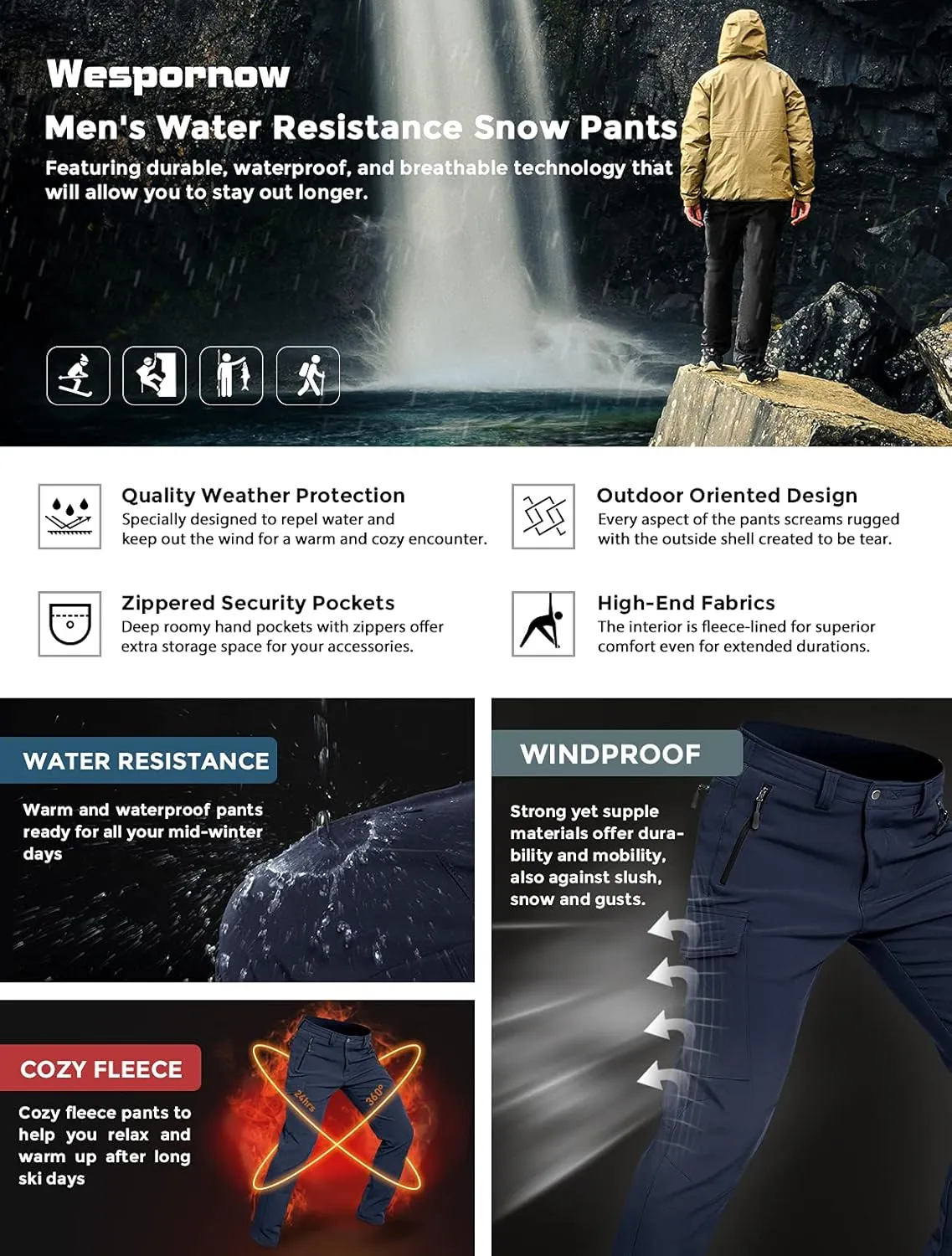 Wespornow Men's-Fleece-Lined-Hiking-Pants Water-Resistance-Snow-Ski-Pants Softshell Snowboarding Pants for Winter, Outdoor
