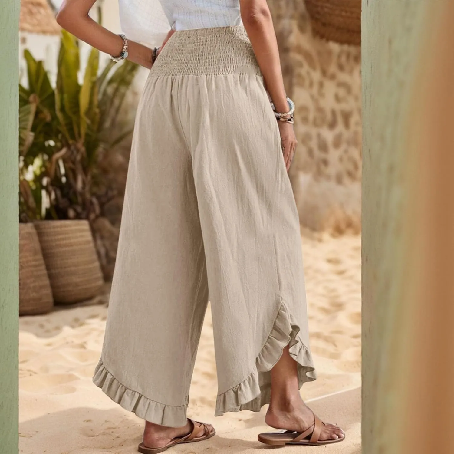 Wide Leg Linen Pants for Women Casual Ruffle Hem Cropped Palazzo Pants Smocked High Waisted Flowy Beach Trousers