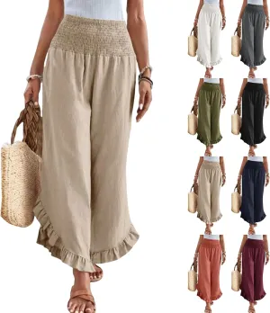 Wide Leg Linen Pants for Women Casual Ruffle Hem Cropped Palazzo Pants Smocked High Waisted Flowy Beach Trousers