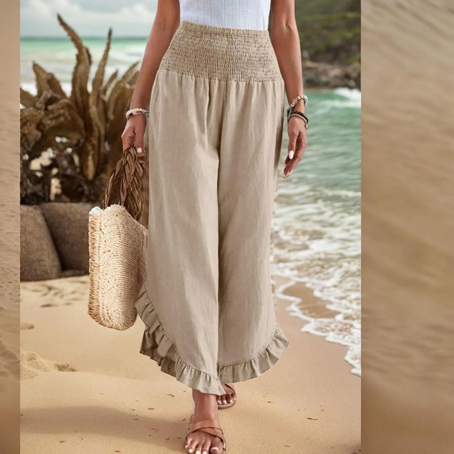 Wide Leg Linen Pants for Women Casual Ruffle Hem Cropped Palazzo Pants Smocked High Waisted Flowy Beach Trousers