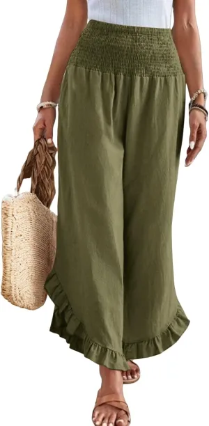 Wide Leg Linen Pants for Women Casual Ruffle Hem Cropped Palazzo Pants Smocked High Waisted Flowy Beach Trousers