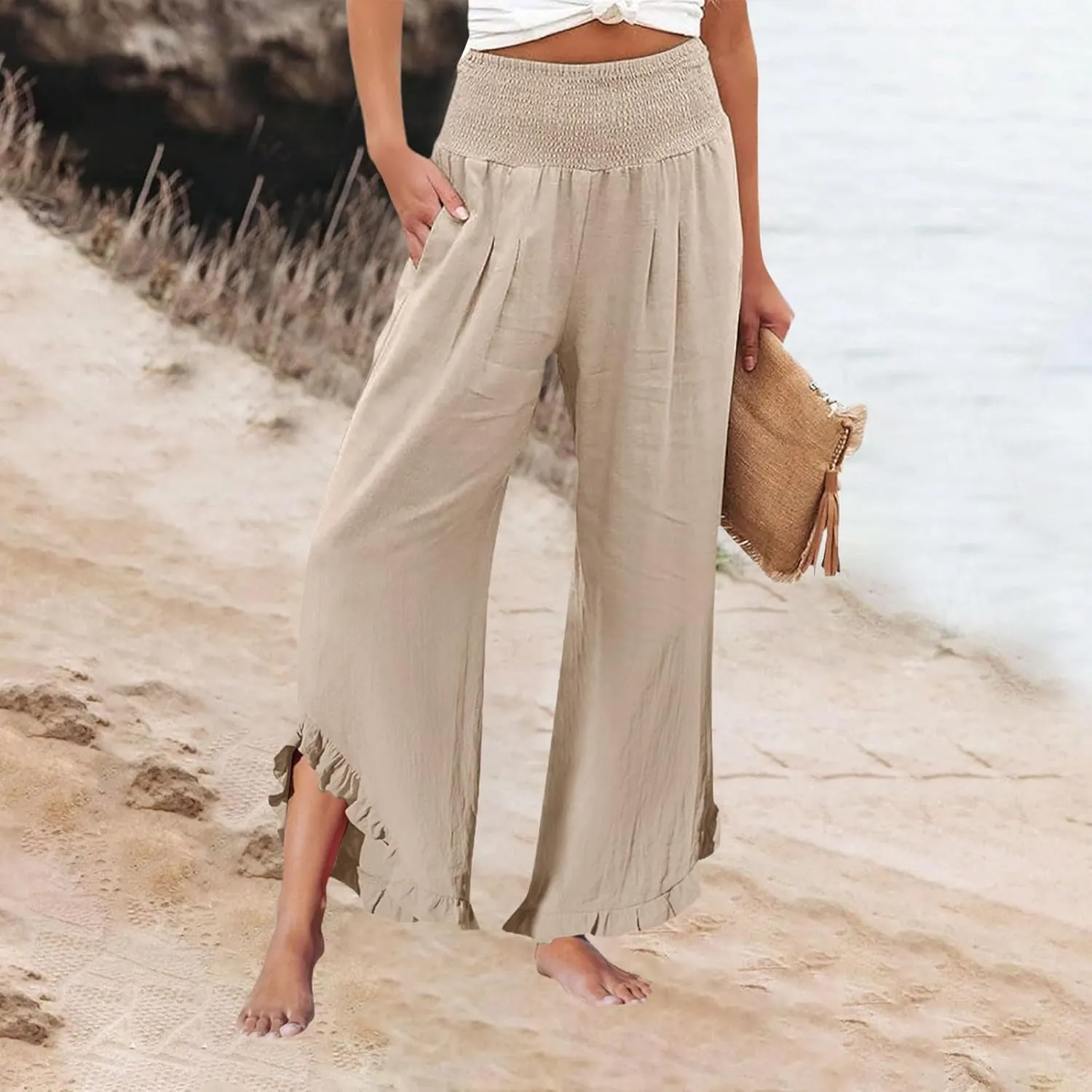 Wide Leg Linen Pants for Women Casual Ruffle Hem Cropped Palazzo Pants Smocked High Waisted Flowy Beach Trousers