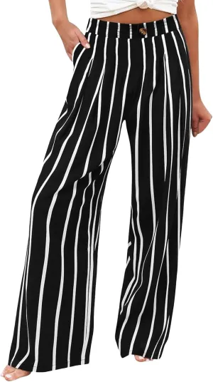 Wide Leg Pants for Women High Waist Solid Color Casual Trousers Comfy Workout Button Pants with Pockets