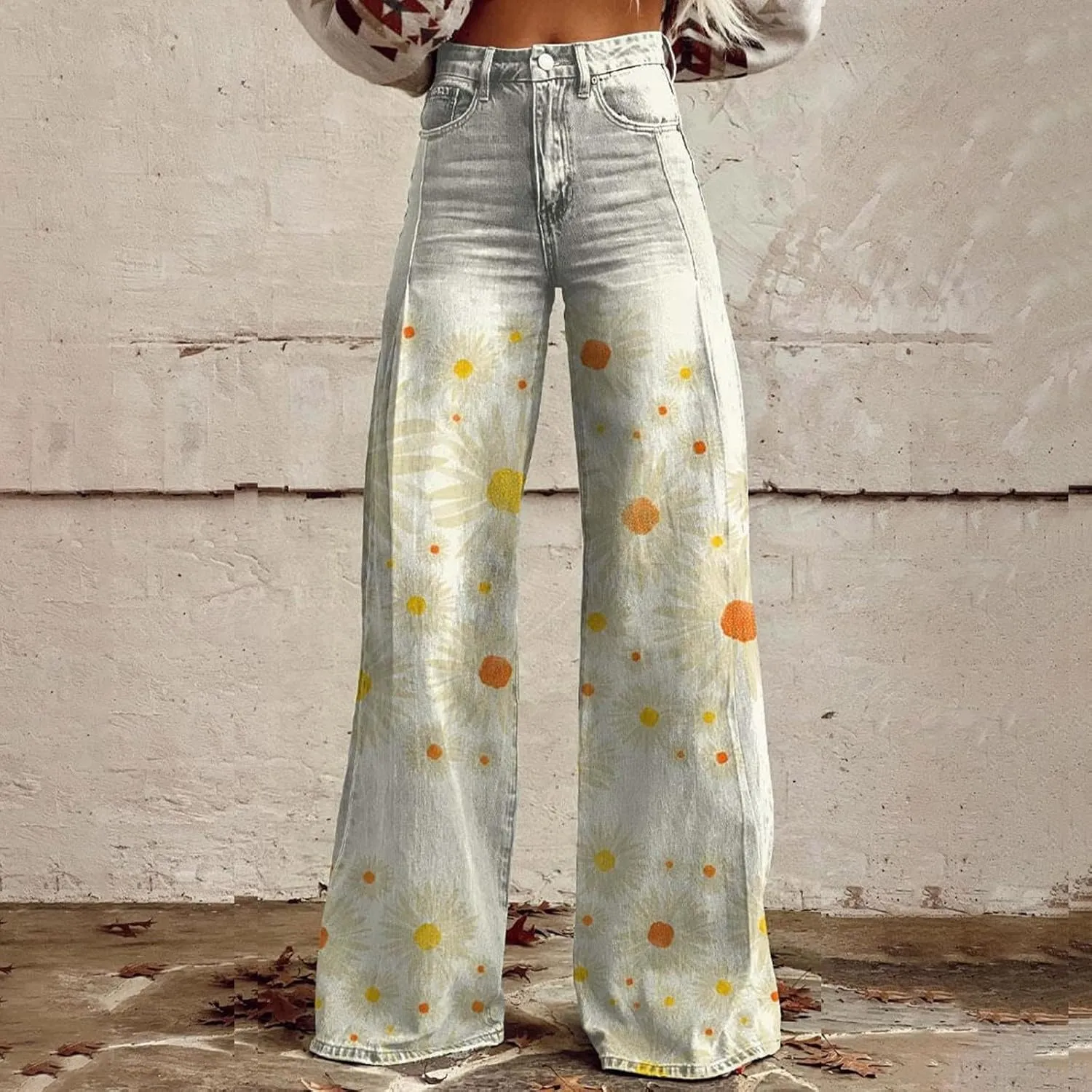 Wide Leg Pants Woman High Waist Floral Patterned Pants Lightweight Loose Fit Casual Colorful Trouser Imitation Jean