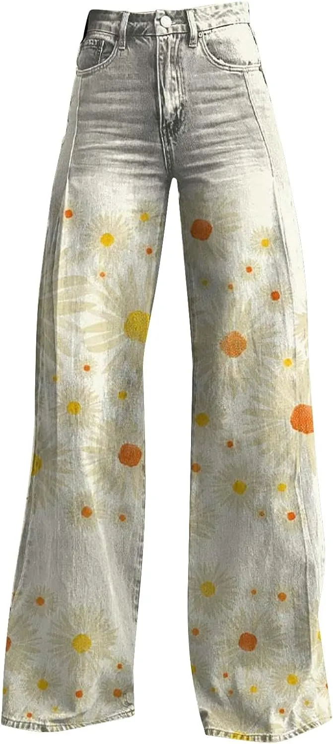 Wide Leg Pants Woman High Waist Floral Patterned Pants Lightweight Loose Fit Casual Colorful Trouser Imitation Jean