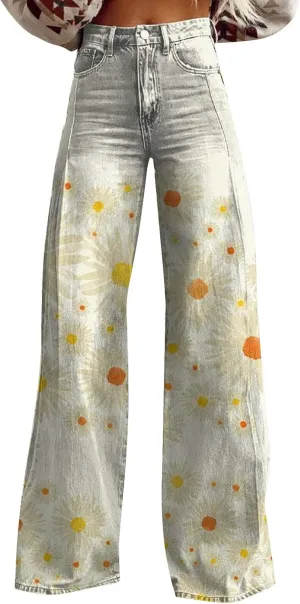 Wide Leg Pants Woman High Waist Floral Patterned Pants Lightweight Loose Fit Casual Colorful Trouser Imitation Jean