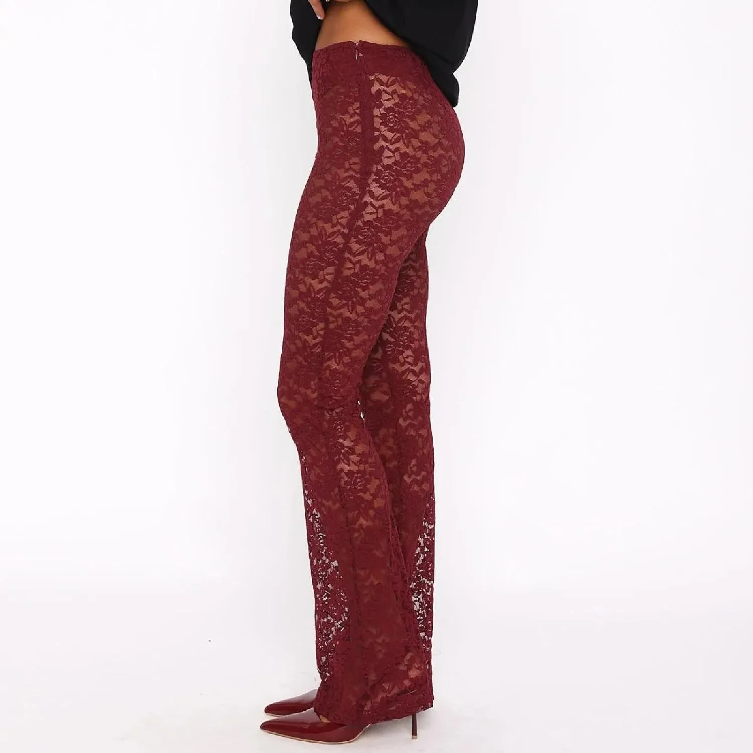 Woman Sexy See Through Lace Pants High Waist Flare Leg Trouser Solid Flower Lace Bell Bottoms Pants Streetwear