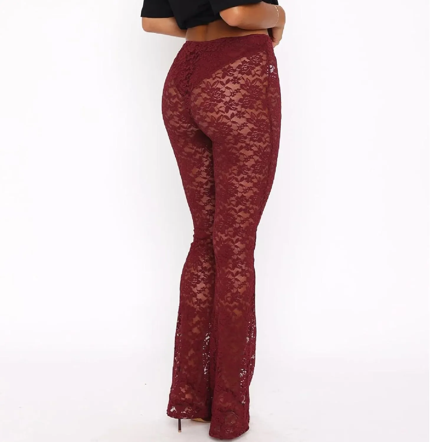Woman Sexy See Through Lace Pants High Waist Flare Leg Trouser Solid Flower Lace Bell Bottoms Pants Streetwear