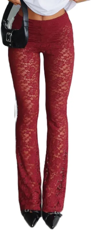 Woman Sexy See Through Lace Pants High Waist Flare Leg Trouser Solid Flower Lace Bell Bottoms Pants Streetwear