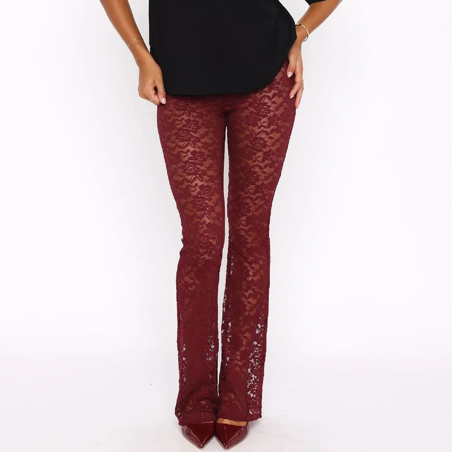 Woman Sexy See Through Lace Pants High Waist Flare Leg Trouser Solid Flower Lace Bell Bottoms Pants Streetwear