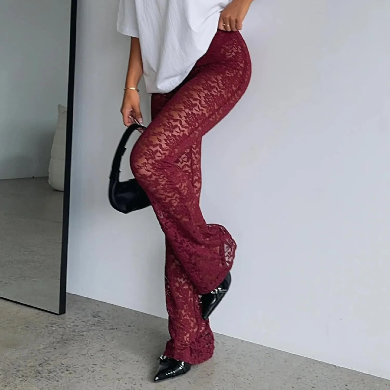 Woman Sexy See Through Lace Pants High Waist Flare Leg Trouser Solid Flower Lace Bell Bottoms Pants Streetwear