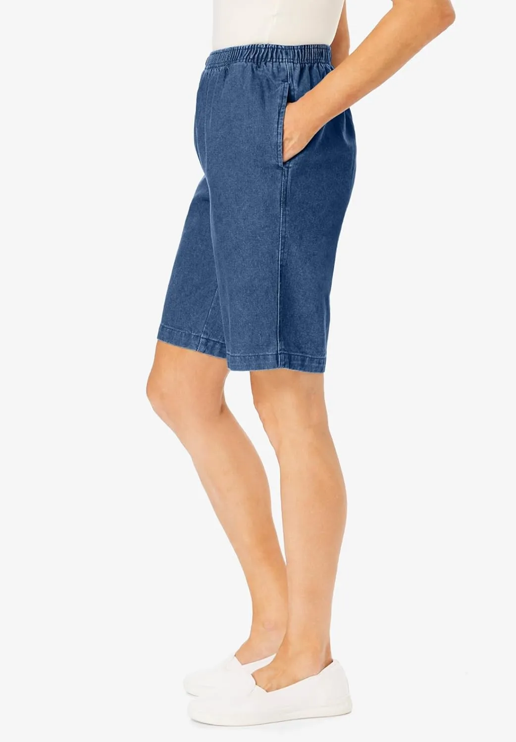 Woman Within Plus Size 7-Day Elastic-Waist Cotton Denim Short