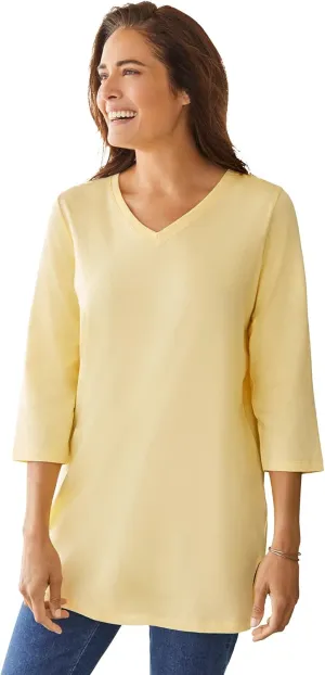 Woman Within Women's Plus Size Perfect Three-Quarter Sleeve V-Neck Tunic