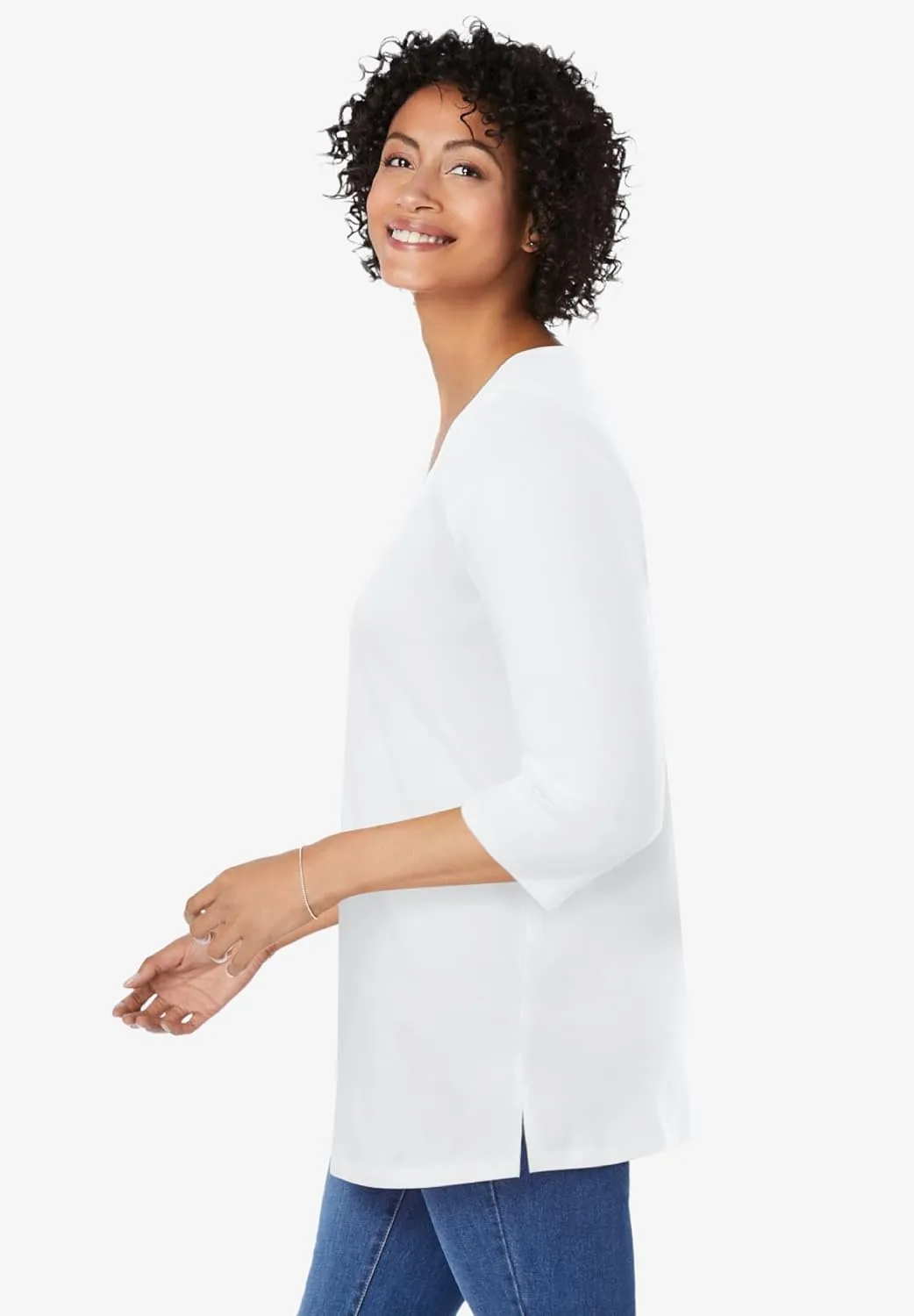 Woman Within Women's Plus Size Perfect Three-Quarter Sleeve V-Neck Tunic