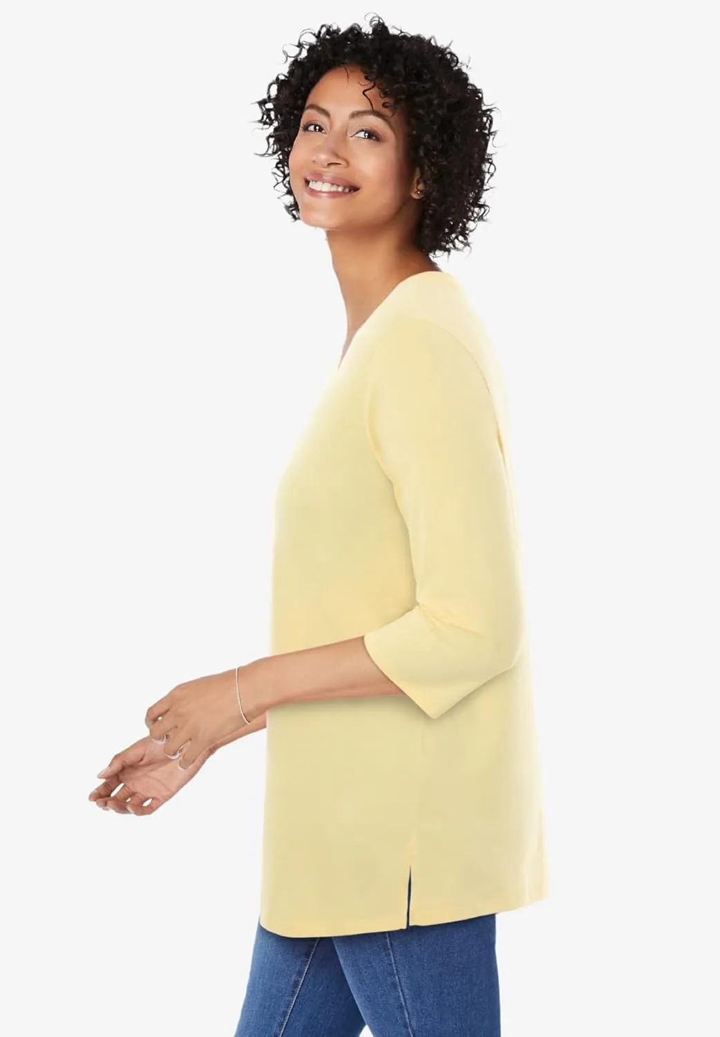 Woman Within Women's Plus Size Perfect Three-Quarter Sleeve V-Neck Tunic