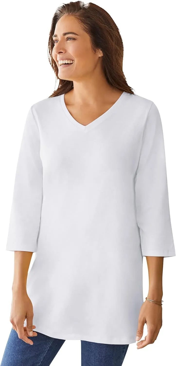 Woman Within Women's Plus Size Perfect Three-Quarter Sleeve V-Neck Tunic